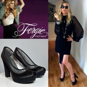 FERGIE MYTH Y2K BLACK MESH SATIN FAUX SUEDE PEEP TOE PLATFORM HEELS